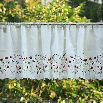 027 Floral Embroidery Pastoral Style Valance, White Sheer Flowers Valances,Window Treatment for Kitchen,W43XL18 inch (Wild Flower)
