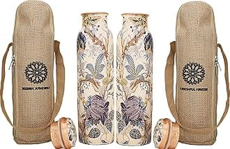 FURNISHFUL FINESSE Floral Printed Pure Copper Water Bottle 32 Oz Large Bottle For Sports, Yoga, Gym, Hiking, Leak Proof Ayurvedic Vessel with Carry Bag Zip Closure (Pack of 2, White Copper Bottle)