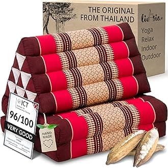 livasia Thai cushion with 2 seat rests - 47x20x3.1″ - Triangle cushion with seat cushion, Wedge cushion, kapok, Back support cushion, folding, Thai mat, folding, Hand made (Ruby)