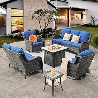 ovios 6 Pieces Patio Furniture Set with 30 inch Fire Pit Table, Outdoor Wicker Sofa Couch Loveseat, Swivel Rocking Glider Chairs, Modern Conversation Set, Brown Rattan, Navy Blue