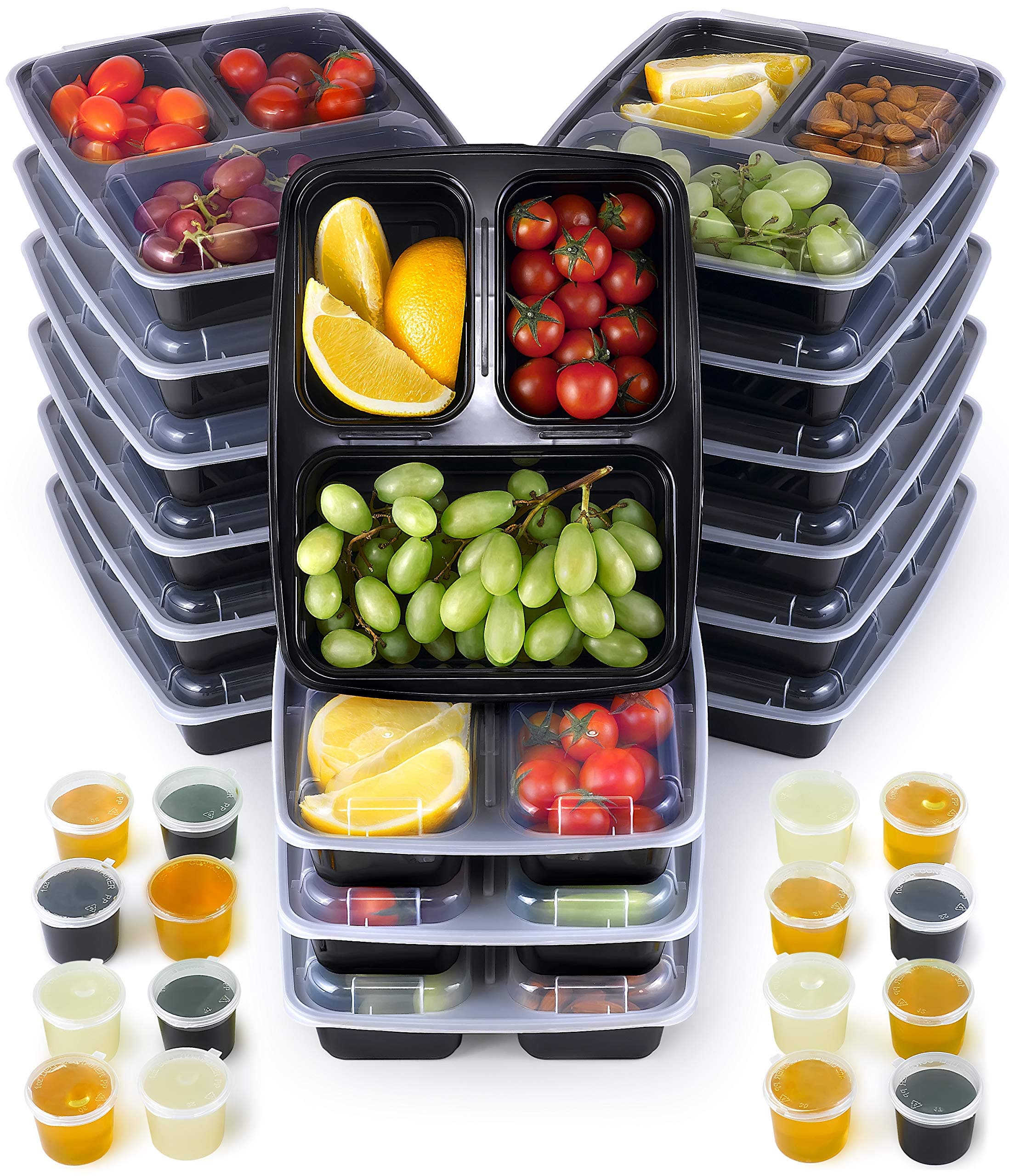 Meal Prep Container 16-Pack, 950ml Black 3 Compartment Food Containers | Microwave, Freezer and Dishwasher Safe Reusable Meal Prep Containers | Compartment Lunch Boxes | Bonus:16 Leak Proof Sauce Pots