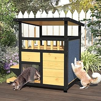 TIMHAKA Cat House Weatherproof, Wooden Two Story Feral Cat Shelter with Escape Door, Indoor/Outdoor Enclosure for Small/Medium Pets, Pull-Out Bottom & Scratching Mat Included - Black and Earthy yellow