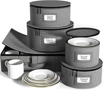 China Dinnerware Storage Organizer Hard Shell 5-Piece Set for Protecting or Transporting — Service for 12 — Round Plate and Cup holder with Quilted Felt for Plate Dividers (Gray)