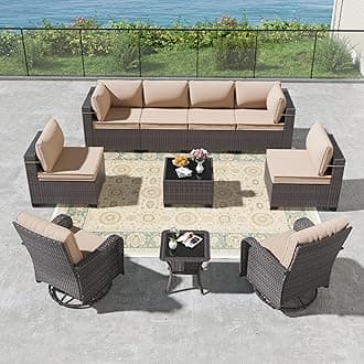 Kullavik 10PCS Outdoor Patio Furniture Set,PE Wicker Rattan Sectional Sofa Patio Conversation Sets with Tempered Glass Table,Swivel Rocking Chairs Set,Sand
