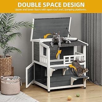 DWVO Large Two-Story Outdoor Cat House with Balcony for 2 Cats, Solid Wood Feral Cat Shelter Weatherproof with Escape Door & Openable Asphalt Roof, 2 Story Outside Cat Condo for Small Animals, Grey