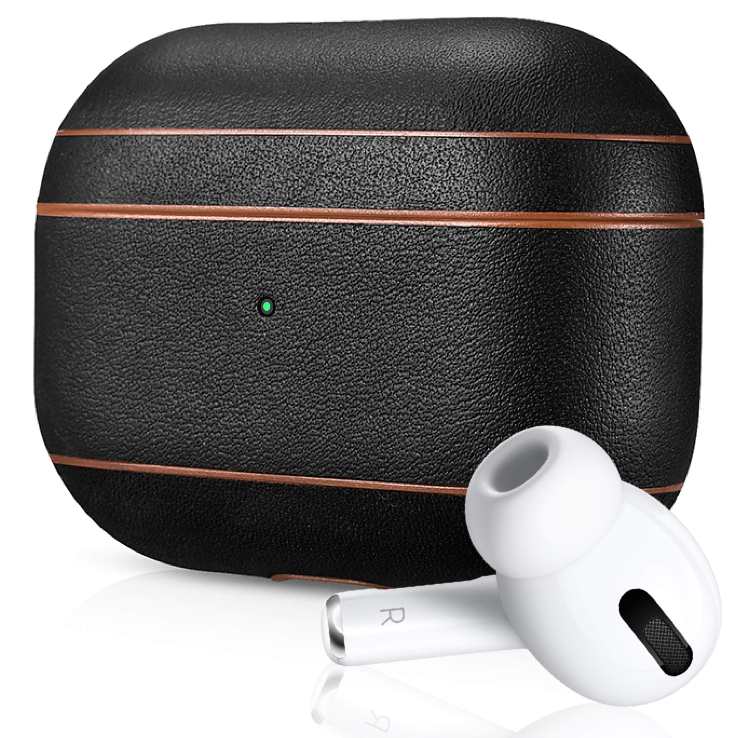 Leather Case for Apple AirPods Pro | Protective Case Cover | Wireless Charging Capability | Shockproof and Scratchproof Design (Black | Brown Trim)