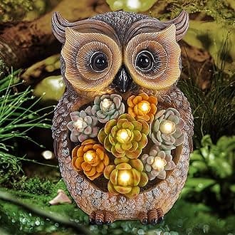 FORUP Owl Garden Statue, Resin Owl Figurine Garden Lawn Ornaments with Solar LED Lights for Outdoor Yard Garden Decorations