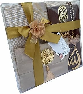 Muslim Prayer Rug, 7 in One Gift Set, Prayer Mat Surah Book, Tasbeeh, Scarf, Surah Case, Bookmark, Car Mirror Hanger, Prayer Beads,Islamic Gift for Umrah, Hajj, Wedding, Janamaz (Gold)