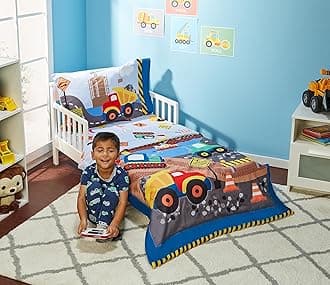 EVERYDAY KIDS 4 Piece Toddler Bedding Set - Under Construction - Includes Comforter, Flat Sheet, Fitted Sheet and Reversible Pillowcase