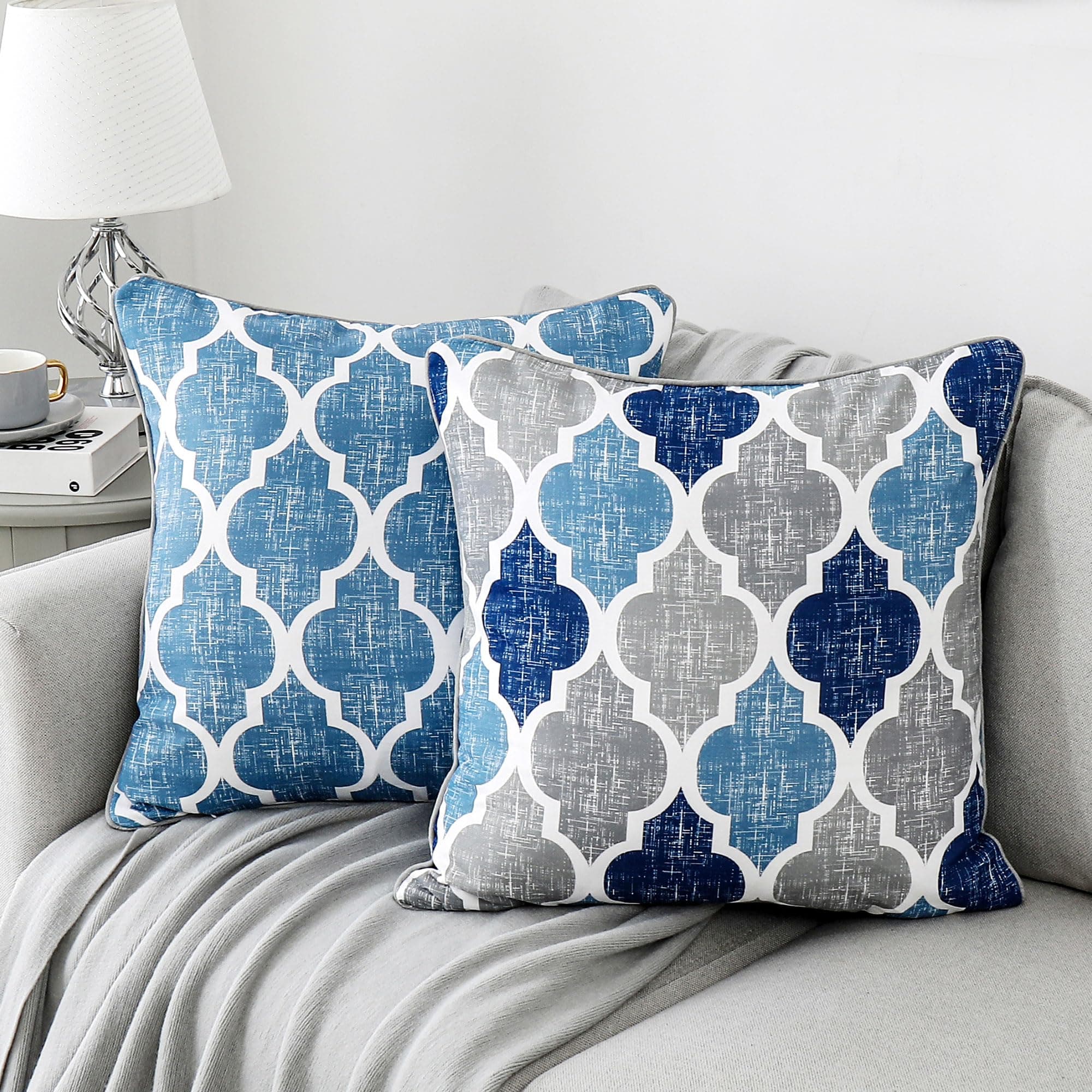 - Beauoop Throw Pillowcover Soft Chenille Print Moroccan Geometric 2-Sided Pattern Blue and Gray Decorative Velvet Square Cushion Covers Standard Pillowcase Couch Sofa Bed Men/Women 18x18 Inch, Set of 2