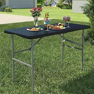 Foldable Table 4ft, Plastic Folding Table, Portable Heavy Duty Dining Tables with Lock Function & Carrying Handle, Outdoor Indoor Foldable White Tables for Camping Party Picnic, Black
