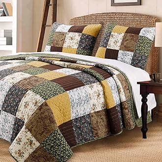 Cozy Line Home Fashions 100% Cotton Hand Piecing Real Patchwork Mustard Yellow Country Farmhouse Quilt Bedding Set Reversible Coverlet, Bedspread (Brown Olive, King - 3 Piece)