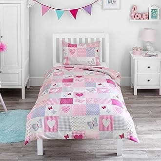 Bloomsbury Mill - Cot Bed Duvet Cover Set - Toddler Bedding Set For Girls - Hearts and Butterflies Patchwork Kids Bedding - Pink Cot Duvet Cover & Pillow Case Set - 120x150cm
