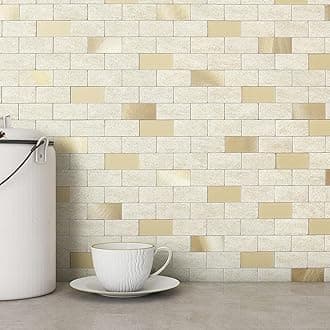 VAOVI 3D Self Adhesive Tiles for Walls,Kitchen Stick on Splashback Tiles Splash Wall Panels for Bathroom Mosaic Brick Waterproof(10Tiles,Beige Gold)