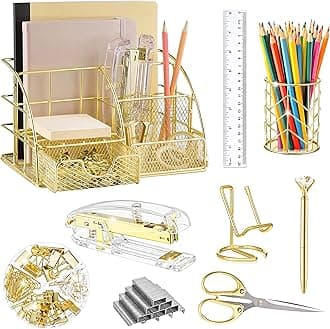 Gold Desk Organizers and Accessories Office Supplies Set Stapler, Pen Holder, Phone Holder, Scissors, Pen, Ruler, 30 Paper Clips, 22 Binder Clip, 20 Tacks and 1000pcs Staples (Gold)