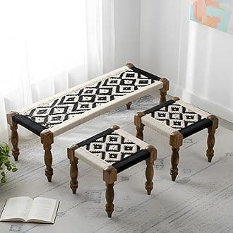 Ikiriya Sheesham Wood Maachi Bench Set with 2 Stools for Home Living Room and Outdoor -(Classic Black & White Canning) - 48 x 17 x 16 Inch
