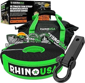 Rhino USA Heavy-Duty Recovery Gear Combos Off-Road Truck Vehicle Recovery, Best Offroad Towing Accessories - Backed for Life (20' Strap + Hitch)