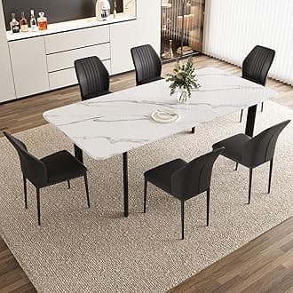 HIPIHOM Extendable Dining Table Set for 6-8 People, 63 to 78.7 Inch MDF Kitchen Table with 6 Upholstered Chairs, Space-Saving for Dining Room, Breakfast Nook(White Table & 6 Black Chairs)
