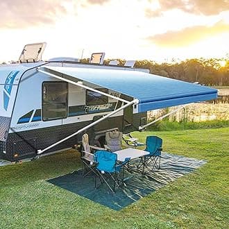 YESCAMP Manual RV Awning Complete Kit Retractable Camper Awning for RV or Trailers RV Roll Out Awning for Camper or 5th Wheel,Travel Trailers,Toy Haulers,Motohome(13Ft,White Frame,Blue Fade)