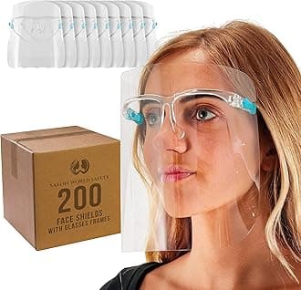 TCP Global Salon World Safety 200 Face Shields with Glasses Frames (20 Packs of 10) - Ultra Clear Protective Full Face to Protect Eyes, Nose, Mouth - Anti-Fog PET Plastic Sanitary Droplet Guard