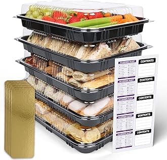 Reusable Sandwich & Serving Platter Trays with Clear Lids – Pack of 5 Catering Food Platters with Dividers & Labels for Parties, Buffets, Events & Meal Prep – 33.5 × 24 × 7 cm