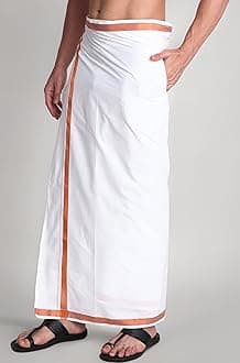 Gowri Tex Men's 100% Pure Cotton White With Gold Jari Lungi in Size 2 Mtrs Single Lungi- Pack Of 1