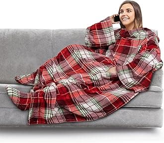 PAVILIA Fleece Blanket with Sleeves and Foot Pockets for Women Men Adults, Wearable Blanket Sleeved Throw Wrap, Plush Hug Sleep Pod Snuggle Blanket Robe, Cozy Gift Ideas Wife Mom, Christmas Plaid
