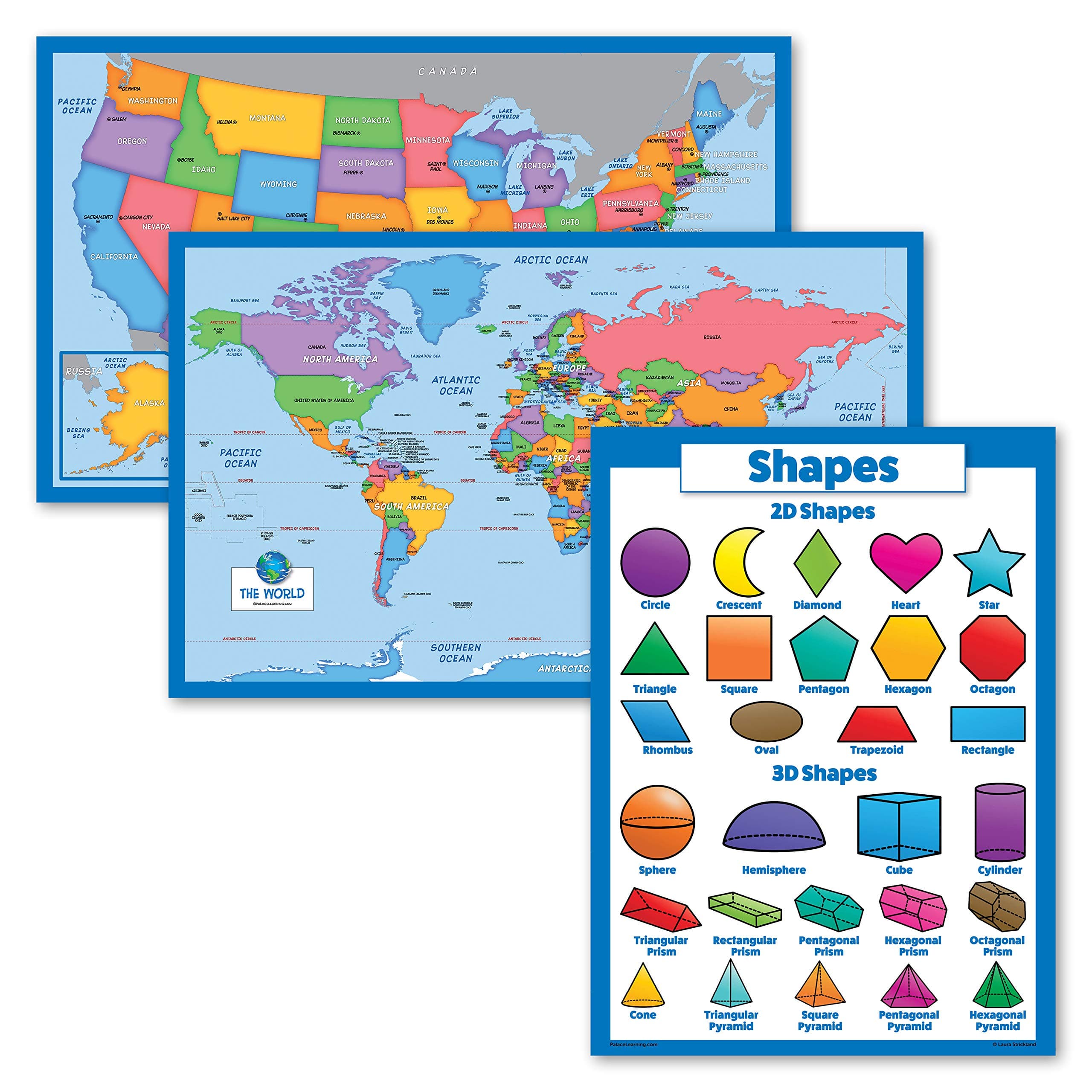 3 Pack - World Map & USA Map for Kids + 3D Shapes Chart for Kids - 3 Educational Poster for Kids (Laminated, 18" x 29")