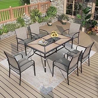 Outdoor Patio Dining Set 7 Piece Furniture Set with 6 Brown Textilene Chairs and Wood-Like Table Top Rectangular Table for Deck Garden Backyard Lawn Poolside