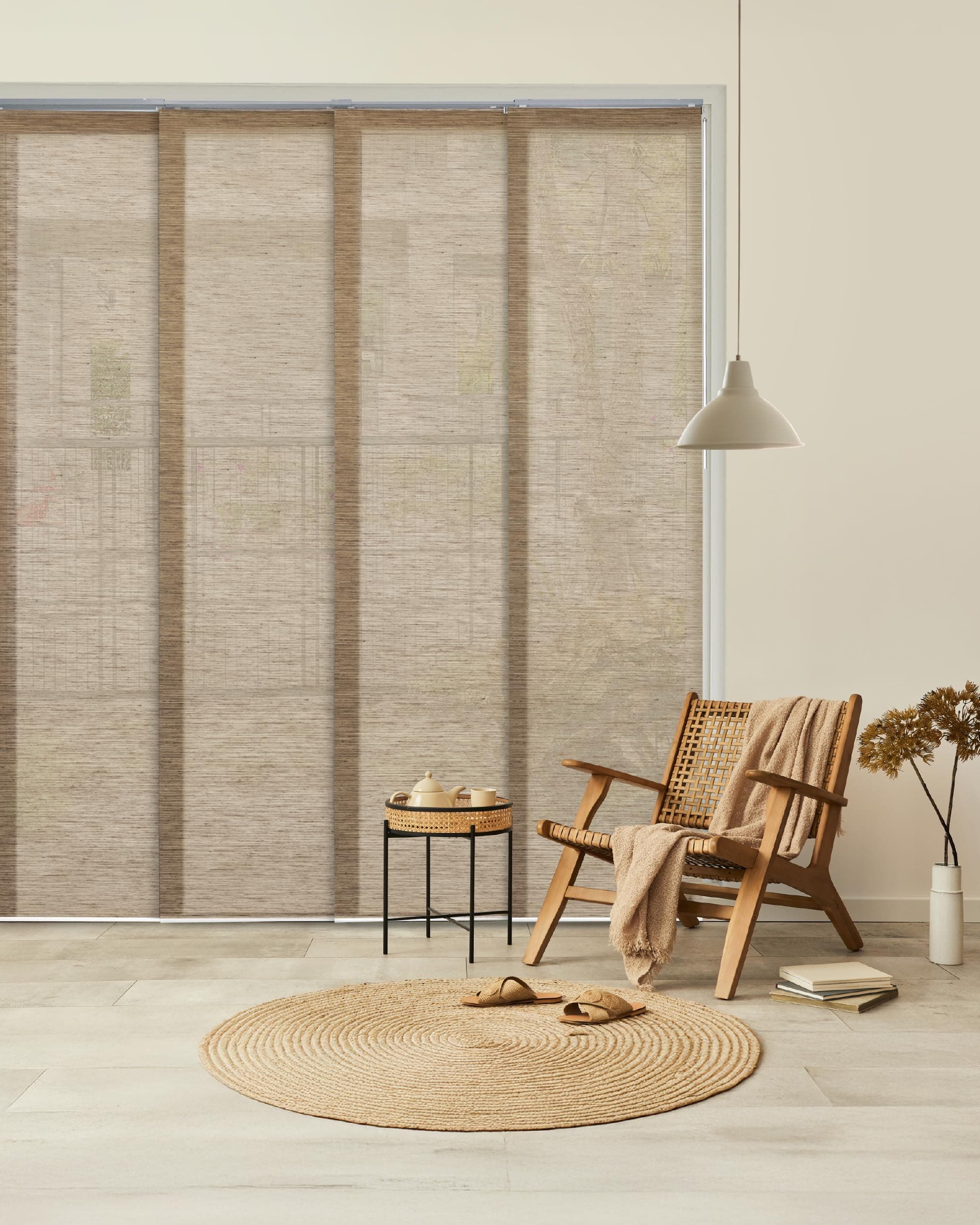 GoDear Design Adjustable Vertical Panel Blinds, Ideal for Patio Door,Wide Winodws,Sliding Doors,Extendable Track from 45.8" to 86" W, Trimmable Panel Curtains Up to 96", See-Through, Jute Fabric, Yoga