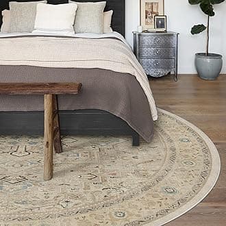 RUGGABLE Washable Vintage Area Rug – Kamran Ivory Opal 6 ft Round, Stain-Resistant, Non-Slip – Medium Machine Washable Rugs for Living Room, Bedroom, Hallway, Entryway & Office–with Cushioned Pad