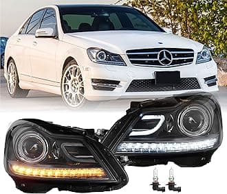 USR 12-14 W204 C-Class LED Switchback Headlight Assembly Set (Left + Right) Compatible with 2012-2014 Mercedes Benz W204 C Class Halogen Models (Black Housing, Switch Back DRL, Plug and Play, 2PC Set)