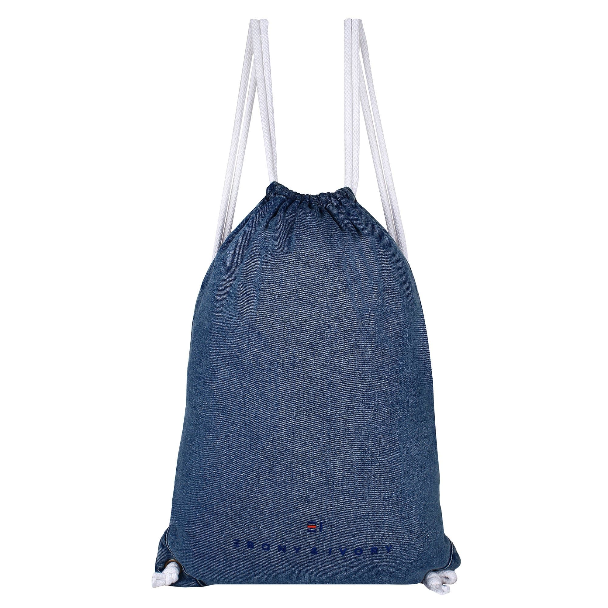 EBONY & IVORY Basic Single Zip Denim Drawstring Backpack - Light Indigo