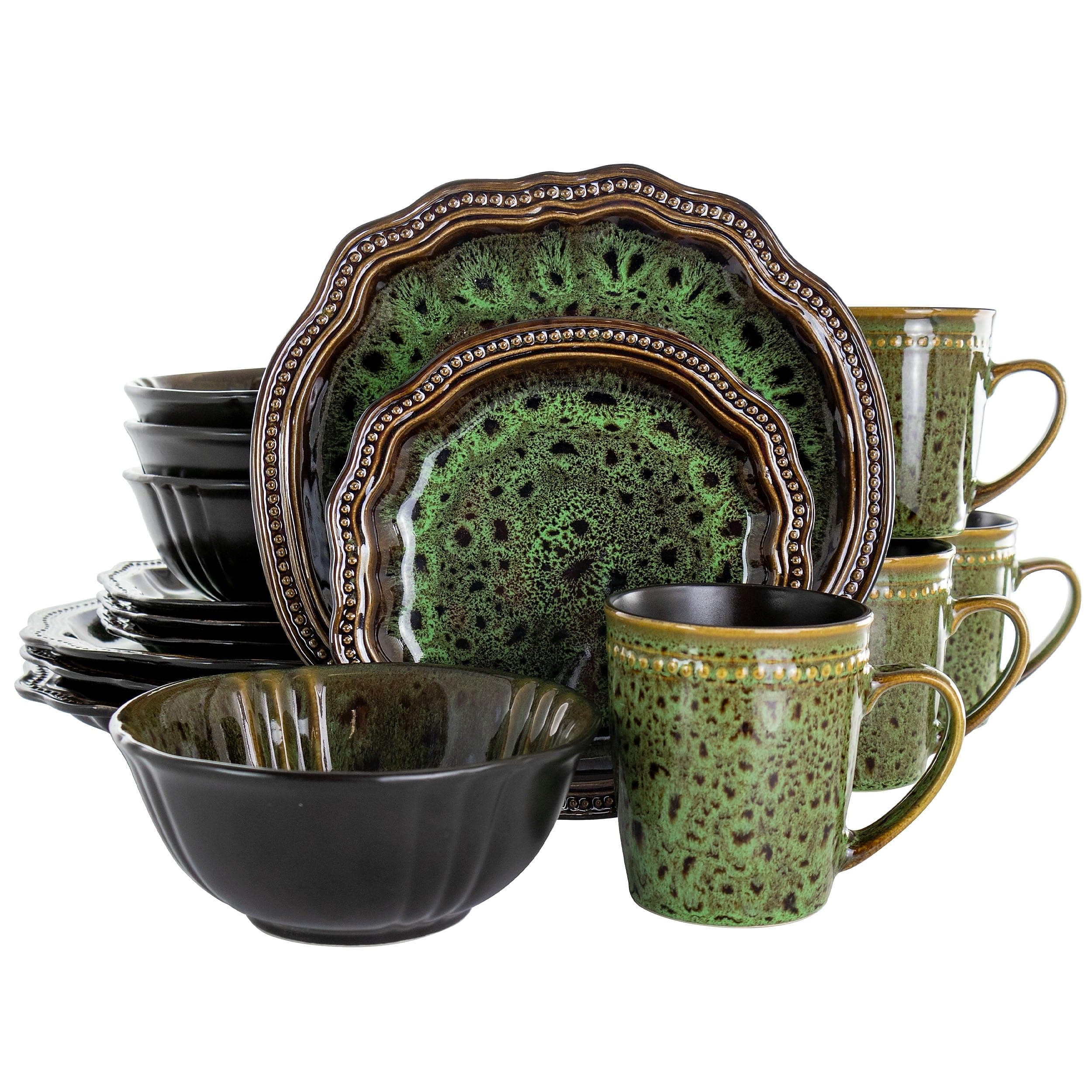 Stoneware Round Oval Dinnerware Dish Set, Jade Green