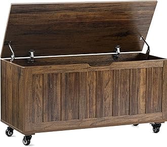 HYZ Storage Chest, 39.4'' Wooden Storage Bench with 4 Wheels & 2 Safety Hinges, Retro Toy Box Support 300 lbs for Bedroom, Living Room, Easy Assembly, Vintage Brown