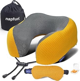 napfun Neck Pillow for Traveling, Upgraded Travel Neck Pillow for Airplane 100% Pure Memory Foam Travel Pillow for Flight Headrest Sleep, Portable Plane Accessories, Yellow Striped Kit