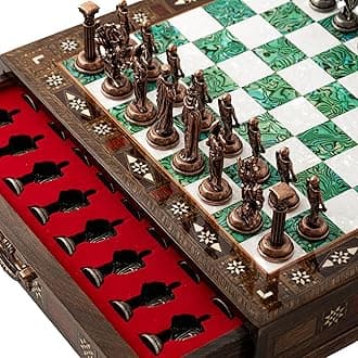 15'' Wooden Chess Set with Metal Chess Pieces – Handmade Storage Chess Board & British Metal Pieces – Elegant Chess Gift for All Ages – Gift for Him (Green)