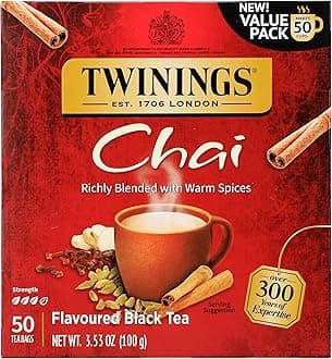 Twinings Chai Black Tea Individually Wrapped Bags, Sweet, Savoury Spices, Caffeinated, Enjoy Hot or Iced - 50 Count