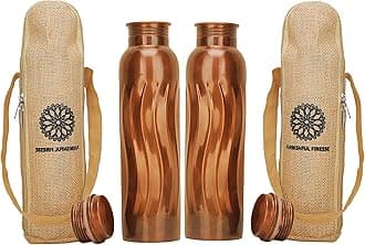 FURNISHFUL FINESSE Pure Copper Water Bottle with Carry Bags Antique Coppers Bottles for Gym Office, Yoga, meditation hiking, Ayurvedic Vessels -1000 ml (Pack of 2, Antique Copper Bottle)