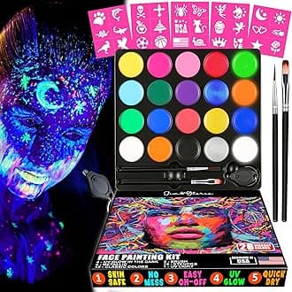 Jim&Gloria Face Painting Kit for Professional Party Makeup, Skin Safe Facepaint Body Paint Palette Metallic, Glow in the Dark with Tattoo Stencils, Brushes, UV Black Light Easter Gifts for Teens