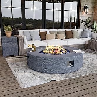 UPHA 42-inch Outdoor Propane Gas Fire Pit Table 50000 BTU Concrete Round FirePit for Outside Patio with Propane Tank Cover, Navyblue Fire Glass, Rain Cover, Grey Texture