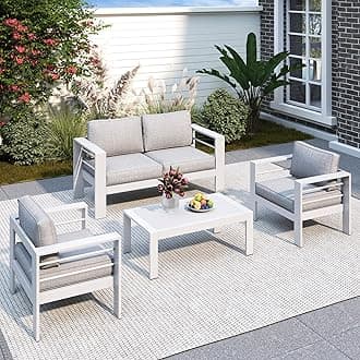 Solaste Outdoor Aluminum Furniture Set - 4 Pieces Patio Sectional Chat Sofa Conversation Set with Table,White