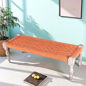 Hamilton Sheesham Wood 2 Seater Maachi Bench Wooden Patio Bench for Living Room Home and Garden- Orange Rope Canning (Rustic Grey Matte Finish) - 17 x 48 x 16 Inch