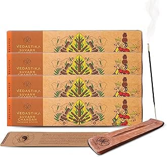 Suvarn Chandan Fragrance Long-Lasting Aroma Therapy Charcoal Free Incense Sticks, Non-Allergic 180 Handmade Agarbatti for Pooja n Meditation with Burner Stand_Pack of 4