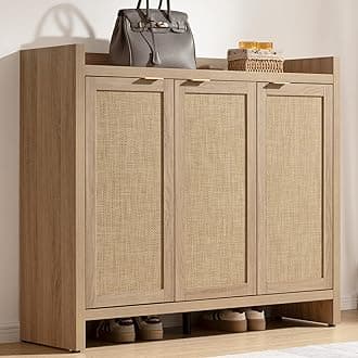 SICOTAS Shoe Storage Cabinet, 30 Pairs Rattan Shoe Cabinet Storage for Entryway, 6-Tier 41" Tall Large Shoe Cabinet, Boho Farmhouse Cabinet with Doors for Entryway Hallway Living Room, Light Oak