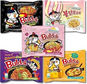 Buldak Ramen Noodles 5 Flavor Variety Combo - Original, 2x Spicy, Cheese, Carbonara, Jjajang - Total 5 pack (1 Pack ea) - Spicy Ramen Noodles Samyang Buldak Ramen Korean Spicy Hot Chicken Stir-Fried Noodles Bundle with 5 ALL.FOR.YOU. Branded Chopsticks (5 Flavor Variation 3)