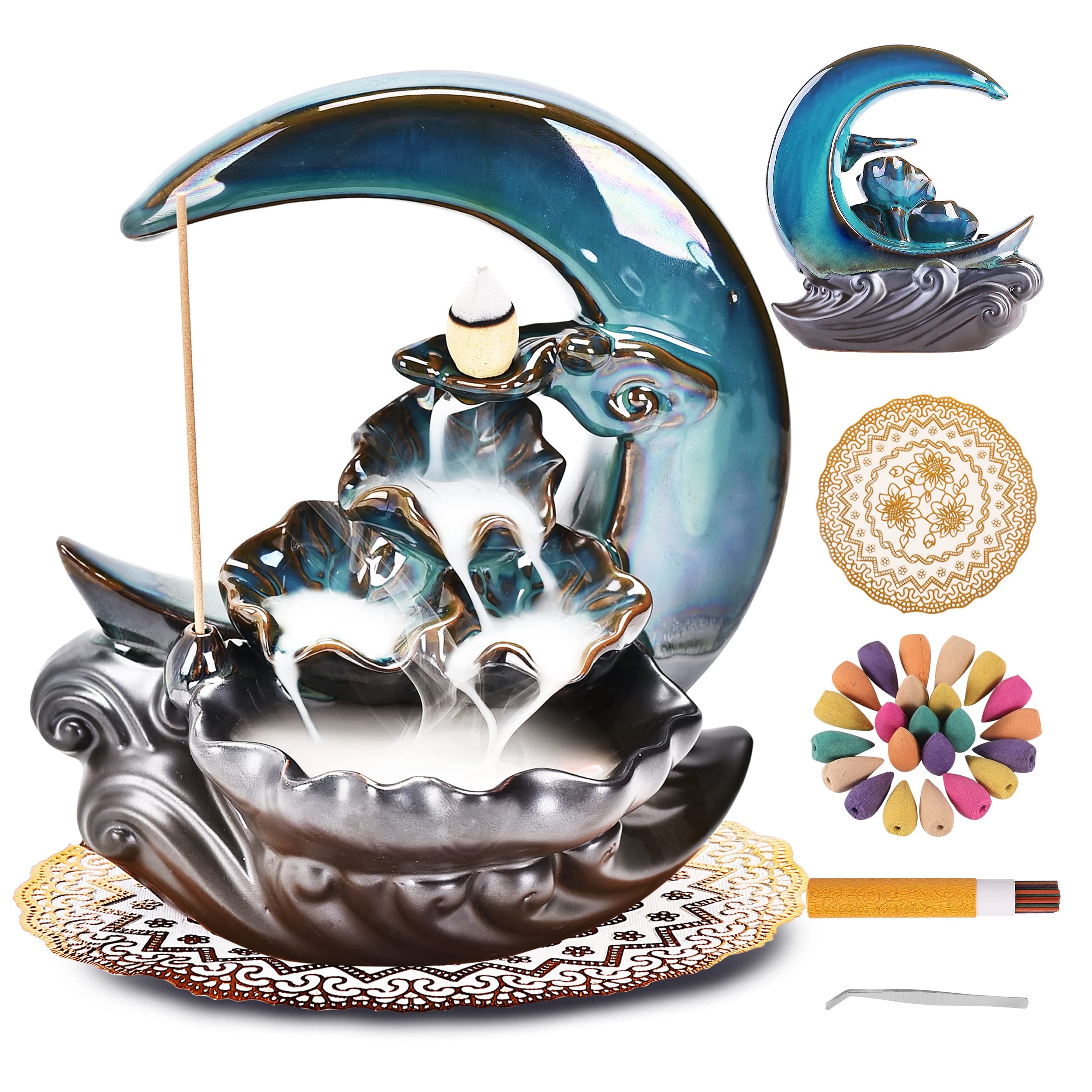 New Moon Backflow Incense Holder,Waterfall Incense Burner ，Ceramic Hand-Made Incense Fountain Burner with 100 Backflow Incense Cones，Fragrance Incense Stick，mat，Aromatherapy Home Decoration