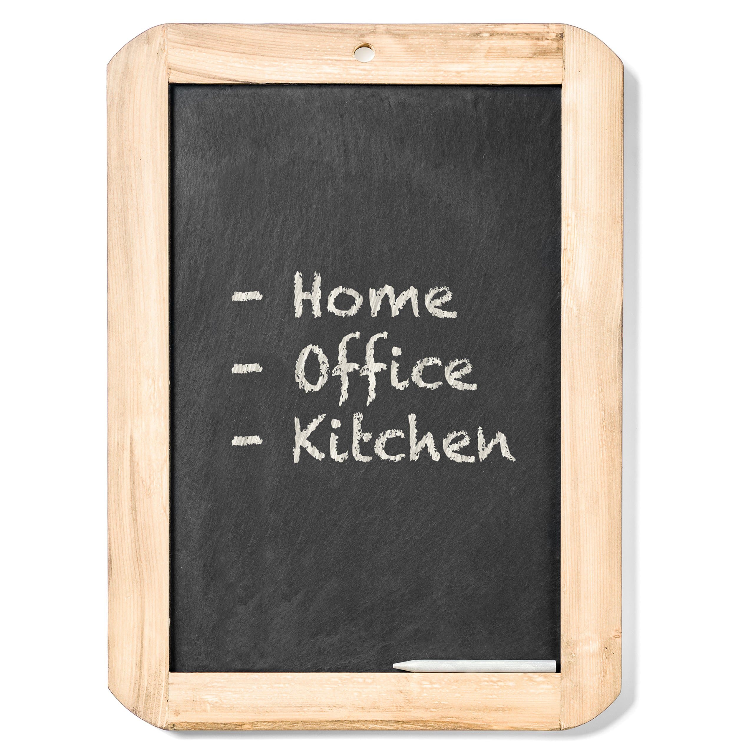 Markat International Framed Natural Wooden and Slate Rectangular Double Sided Portable Hanging Chalkboard for Students or Home 10” x 14”. Comes Complete with Bonus Chalk. All