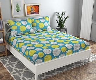 Bsb Home Premium Cotton All Round Elastic Fitted Bedsheets for Double Bed with 2 King Size Pillow Covers 160 Tc Supersoft |Wrinkel Free Bed Cover | Light Green with White & Yellow