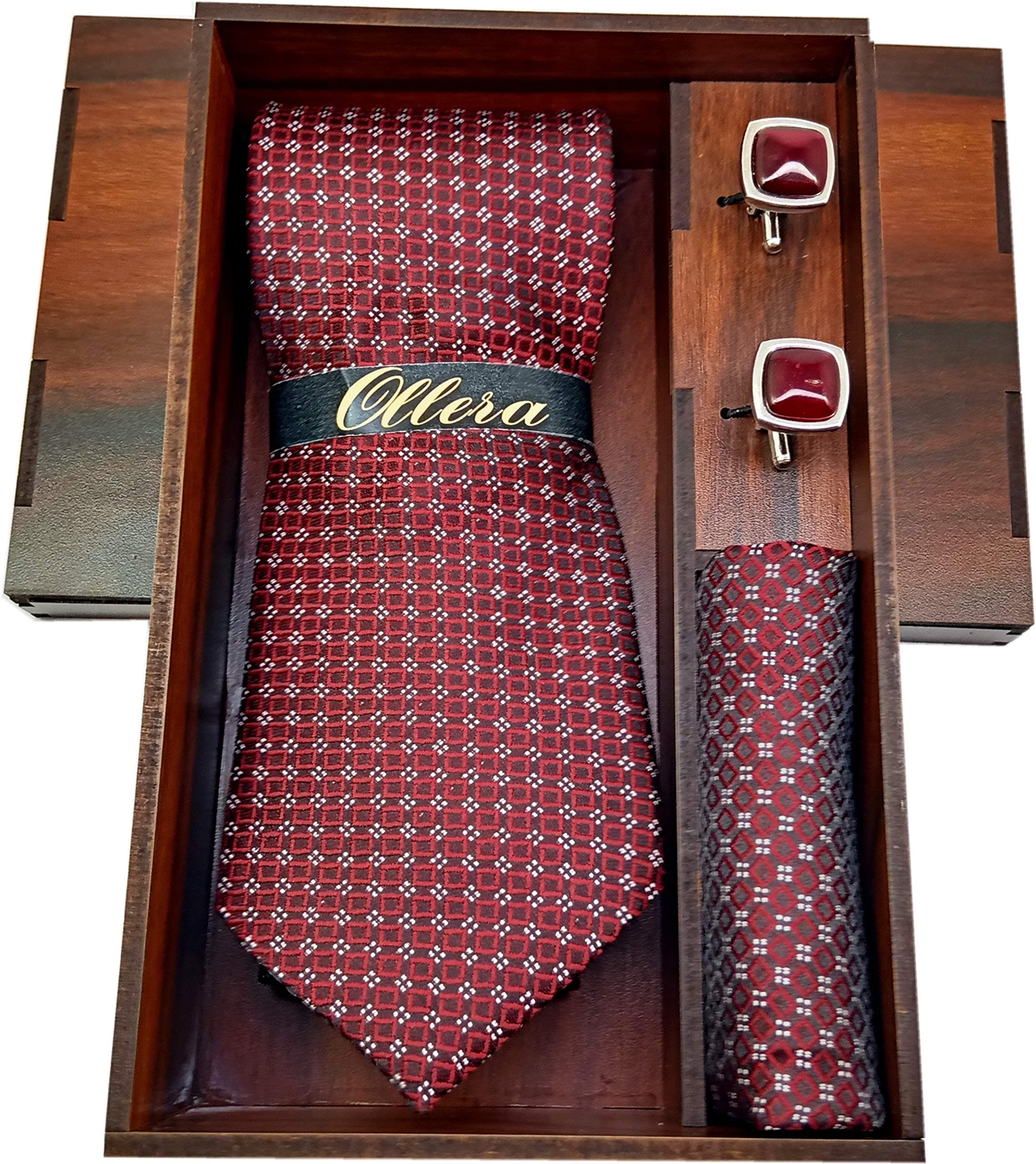 Men Premium Microfiber Neck Tie and Pocket Square with Cufflink Combo Gift Set in Premium Wooden Box(Maroon, Free Size)